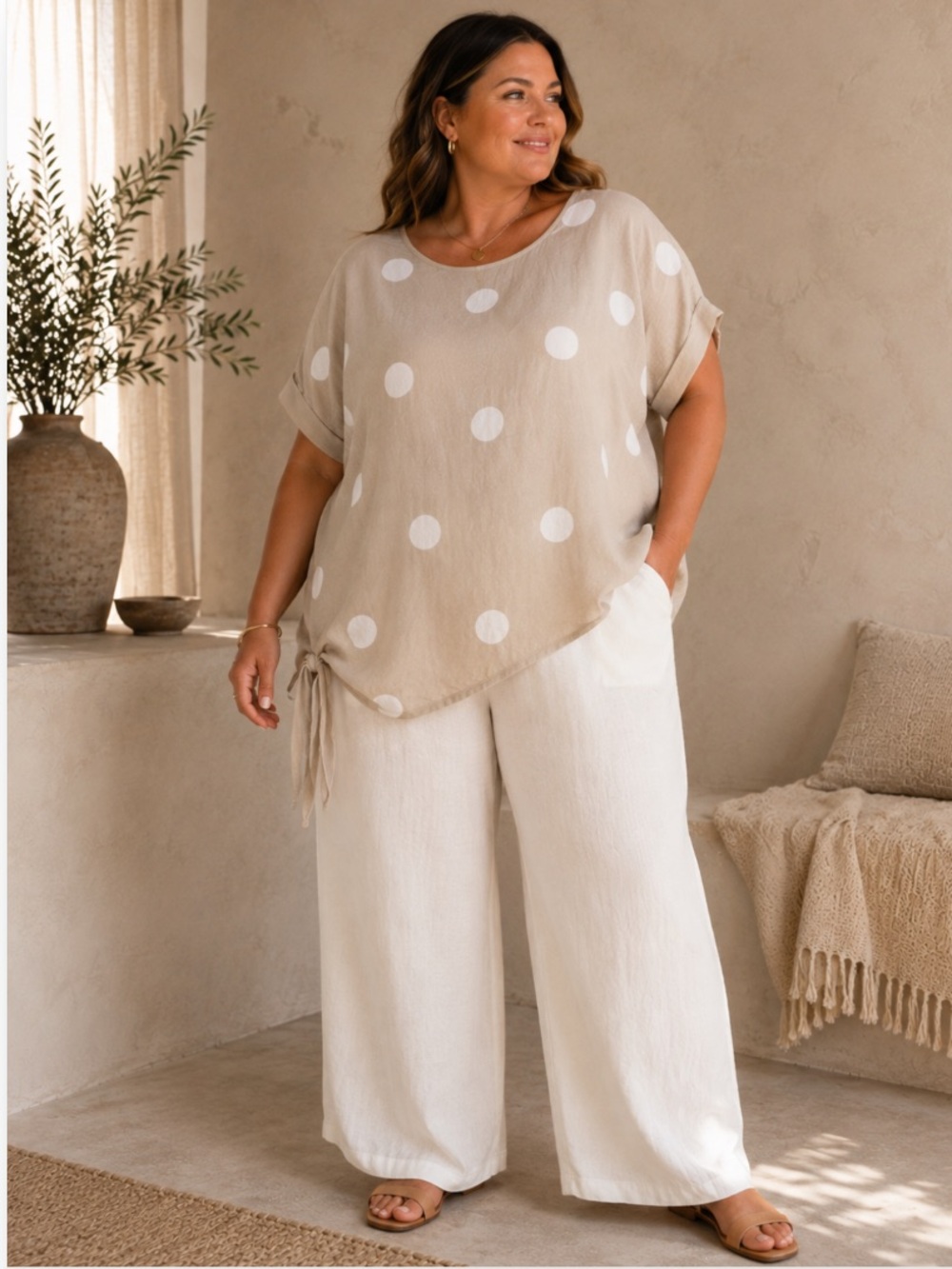 Charlie B Linen Cotton Polka Dot Top XXL Beige White Oversized Dolman Asymmetric